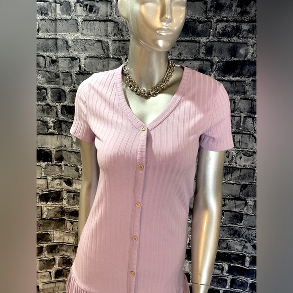 Lavender Pastel Purple Button Down Ribbed Dress - Picture 4 of 11